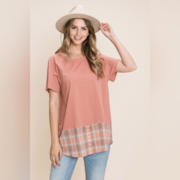 Cotton Bleu Tops - Cotton Bleu by Nu Lab Plaid Contrast Short Sleeve T-Shirt